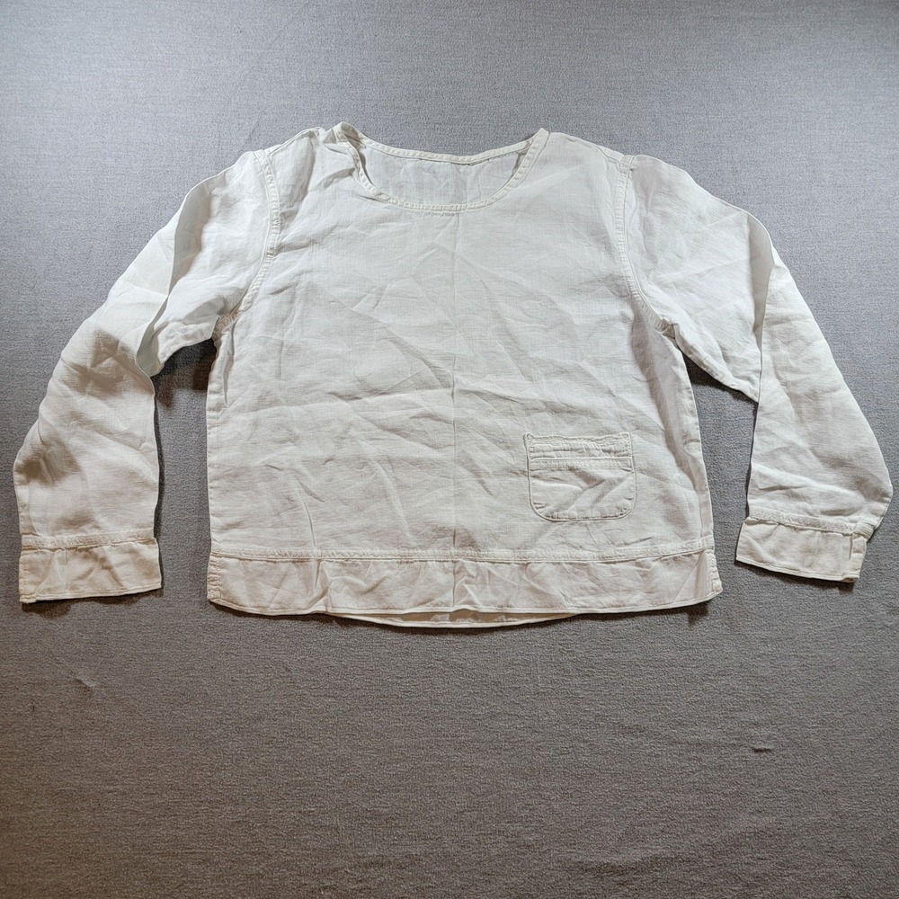 Linen Blouse Womens M White Excellent Crochet Pocket Ruffle Hem